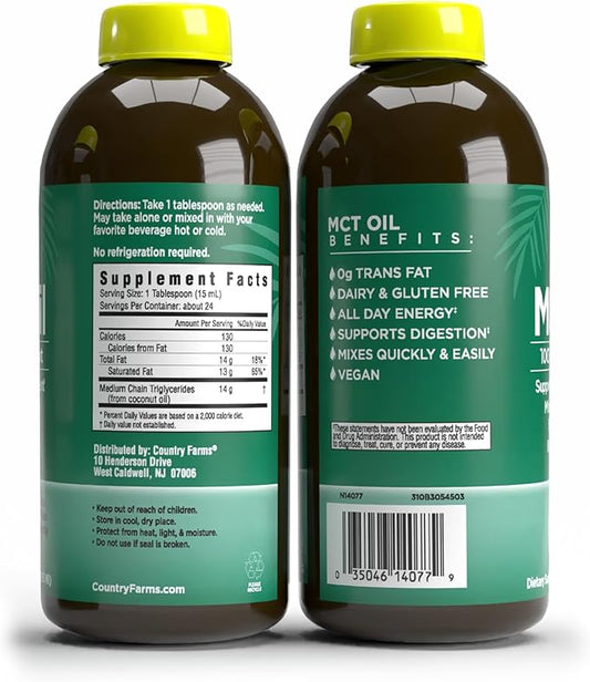 COUNTRY FARMS MCT Oil, Brain and Body Fuel from Coconuts*, Promotes Natural Energy, Keto and Paleo Friendly, Flavorless and Odorless, Non-GMO, 12 Fl Oz