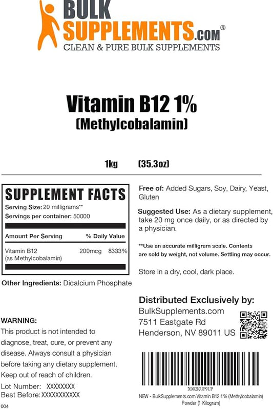 BulkSupplements.com Vitamin B12 1% Methylcobalamin Powder (5 Kilograms 11 lbs)