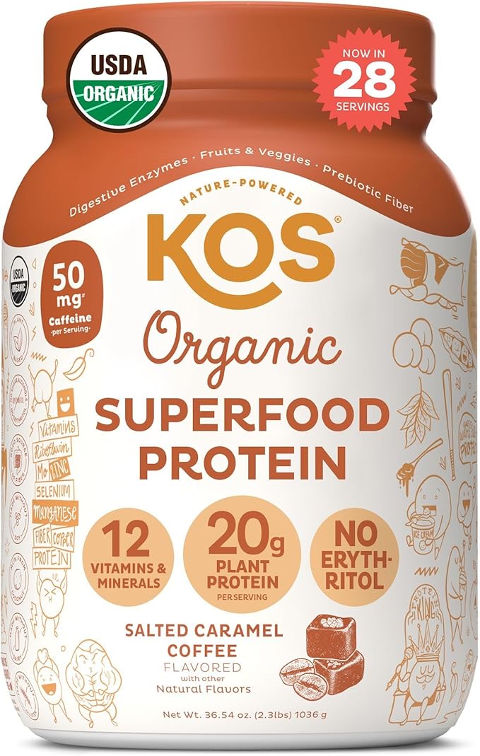KOS Organic Vegan Protein Powder 50mg Caffeine, 28 Servings