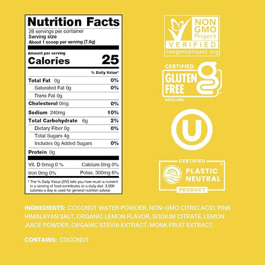 Cure Hydration | Plant-Based Electrolyte Drink Mix | No Added Sugar | FSA & HSA | Dehydration Relief Powder Made with Coconut Water | Non-GMO | Vegan | 28 Servings Jar - Lemonade