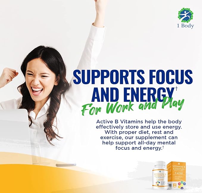 1 Body Vitamin B Complex – 5-MTHF Folate B1, B2, B2, B5, B5, B6, B6, Methyl B12, Niacin,