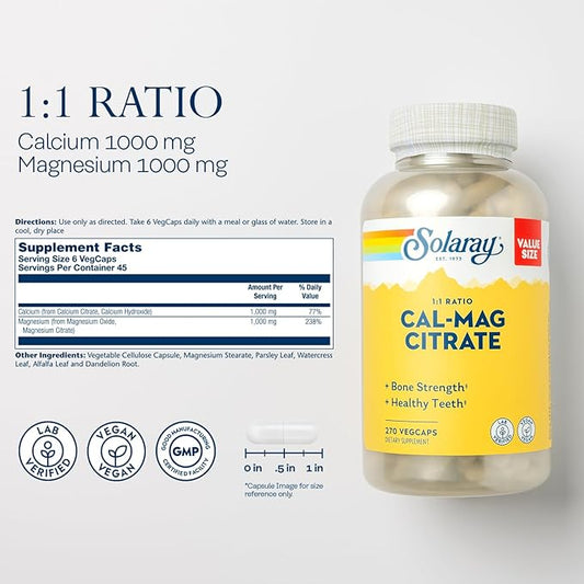 Solaray Calcium Magnesium Citrate 1000mg 1:1 60-Day Guarantee, 45 Servings, 270 VegCaps