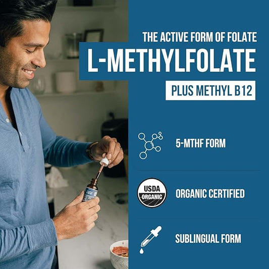 Organic Methyl Folate 1000 mcg + B12 Cofactor (300 Servings) 5-MTHF Form, (1oz)