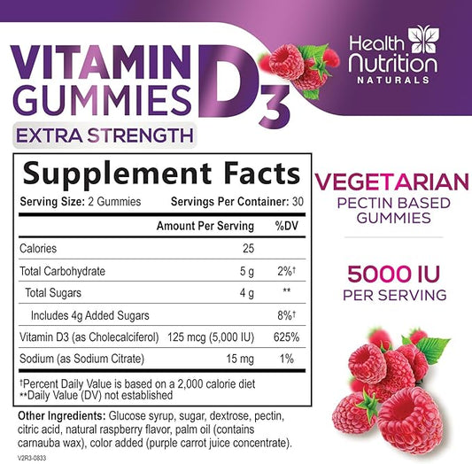Vitamin D3 Gummies 5000 IU (125 mcg) - Extra Strength Immune Support, Bone, Teeth and Muscle Vitamin D Gummy Dietary Supplement, Nature's Berry D Vitamin Supplement, Raspberry, Non-GMO - 60 Gummies