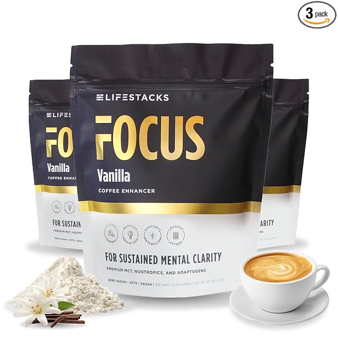 LIFESTACKS Vanilla MCT Oil 3-Pack - Boost Energy & Clarity - MCT Powder + Nootropics + Adaptogens for an Elevated Coffee Experience - Keto, Vegan, 0 Sugar - with Taurine, L-Tyrosine, Rhodiola & More