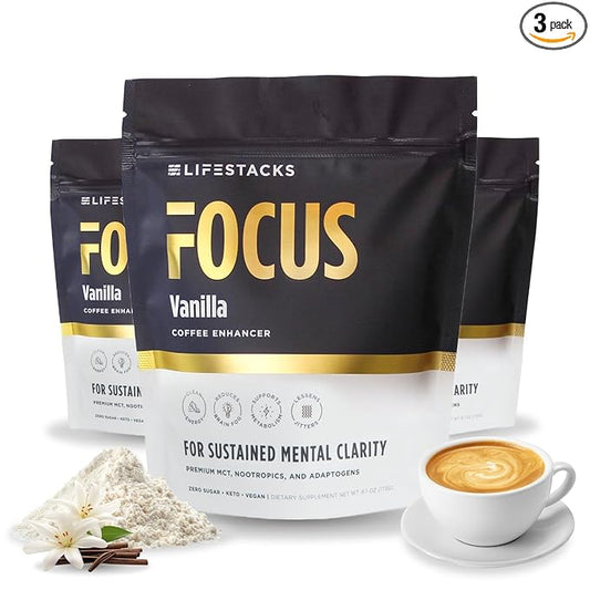 LIFESTACKS Vanilla MCT Oil 3-Pack - Boost Energy & Clarity - MCT Powder + Nootropics + Adaptogens for an Elevated Coffee Experience - Keto, Vegan, 0 Sugar - with Taurine, L-Tyrosine, Rhodiola & More