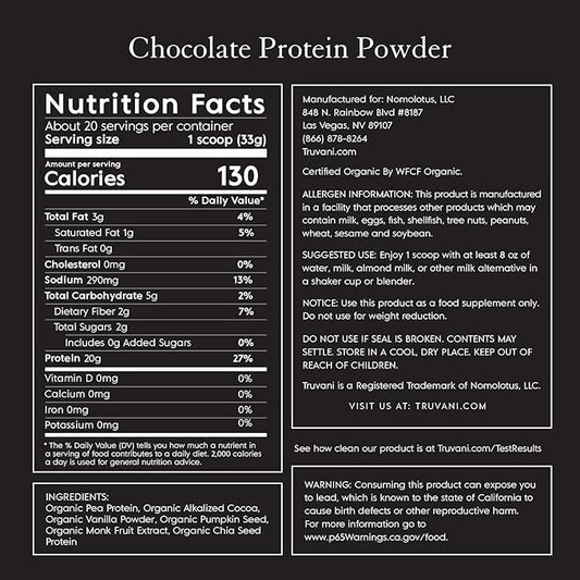 Truvani Vegan Pea Protein Powder 20g Organic 20 Servings