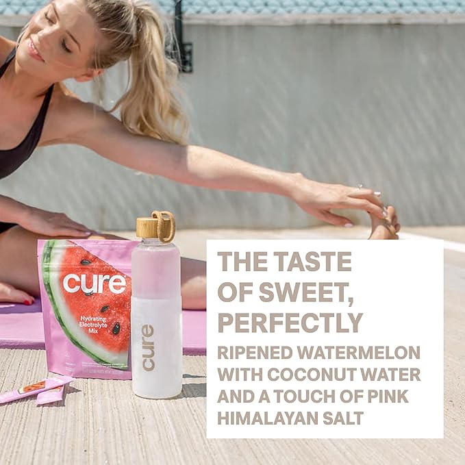 Cure Hydration | Plant-Based Electrolyte Drink Mix | No Added Sugar | FSA & HSA | Dehydration Relief Powder Made with Coconut Water | Non-GMO | Vegan | 28 Servings Jar - Watermelon