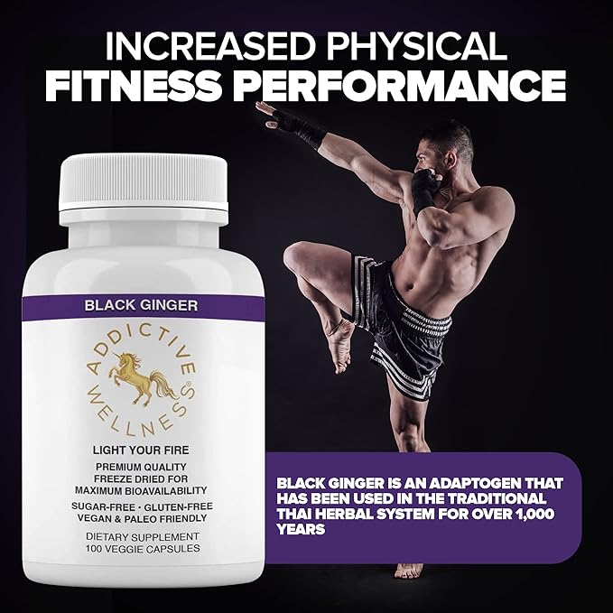 Addictive Wellness Thai Black Ginger for Men, Thai Black Ginger Supplement to Support Energy Metabolism, Endurance & Performance, Freeze Dried Black Ginger Capsules 450mg, Vegan & Paleo, 100 Count