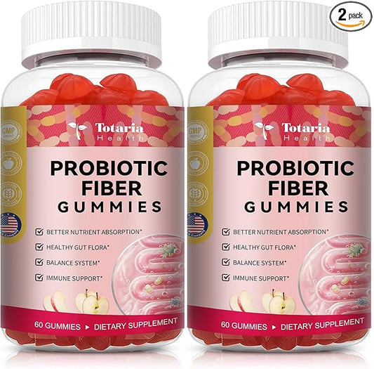 9-in-1 Probiotic Fiber Gummies for Adults & Teens 16G Fiber per Serving, Psyllium Fiber Supplement with 5 Billion CFU Bacillus Coagulans, Inulin, ACV for Digestive, Gut & Immune Wellness - 2 Bottles