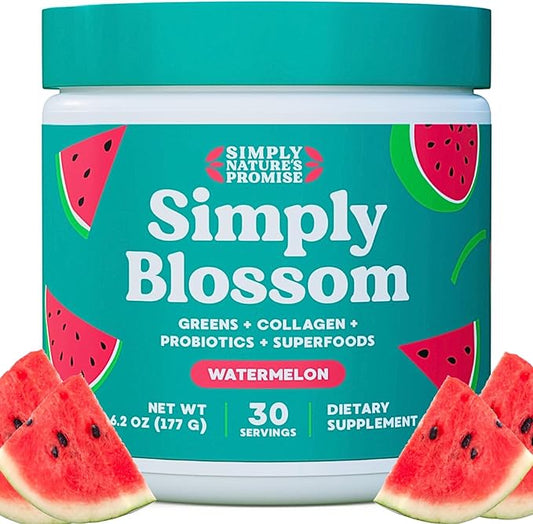 Simply Blossom Nutrition Daily Greens & Superfood Powder + Collagen + Probiotics for Women's Digestive Health & Bloating Relief. Help Your Health Bloom - 30 Day Supply - Watermelon