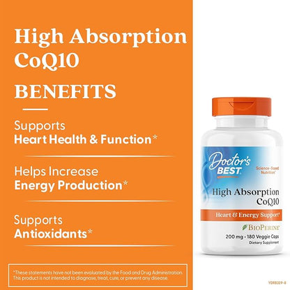 Doctor's Best High Absorption CoQ10 with BioPerine, Heart Health and Energy Production, Naturally Fermented, Non-GMO, Gluten & Soy Free, Vegan, 200 mg, Veggie Caps