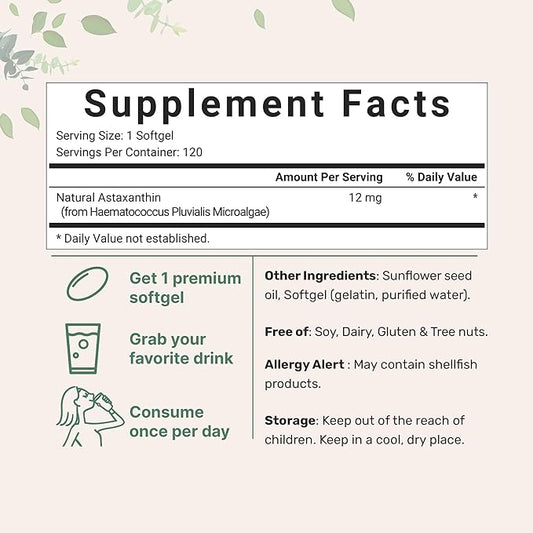 Astaxanthin 12mg, 120*Softgels, 4 Month Supply