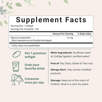 Astaxanthin 12mg, 120*Softgels, 4 Month Supply