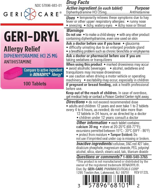 GeriCare Geri-Dryl Diphenhydramine HCl 25mg, Allergy 100 Count 1)