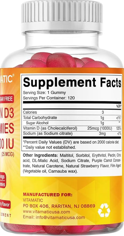 Vitamatic Sugar Free Vitamin D3-120 Pectin Based Gummies - Great Taste - Healthy Bones, Mood & Immune System Function - Non-GMO - 120 Servings (1000 IU)