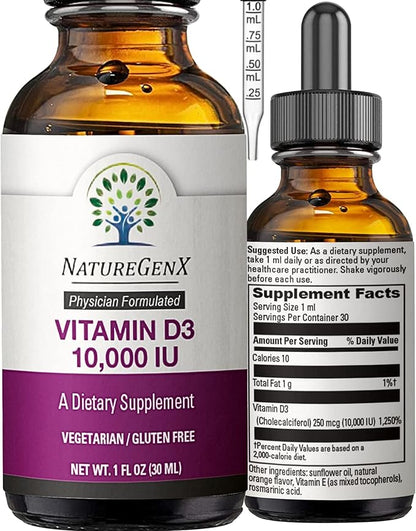 Vitamin D Liquid Drops for Adults: Vegan D3 10000 IU for Immune Support & Bone Strength Supplements, Non-GMO & Gluten Free Liquid Vitamin D for Women & Men, 30ml, 30 Servings