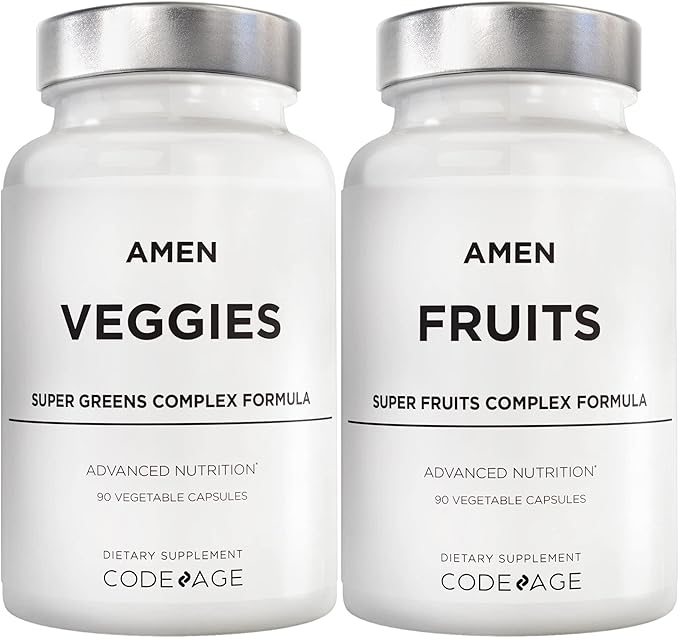 Amen Fruits + Veggies Vitamins Bundle, Raw Whole Food Multivitamin Capsules, Greens Vegetables, Red Fruits & Berries Vegan Blend, Fibers + Phytonutrients Superfood Minerals Supplement, Non-GMO, 180 ct