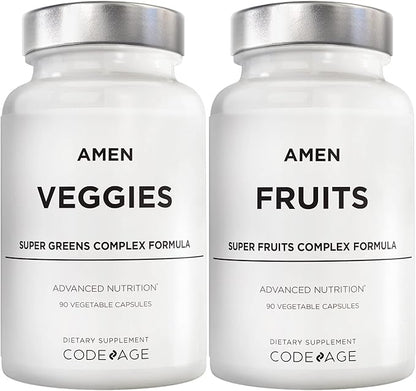 Amen Fruits + Veggies Vitamins Bundle, Raw Whole Food Multivitamin Capsules, Greens Vegetables, Red Fruits & Berries Vegan Blend, Fibers + Phytonutrients Superfood Minerals Supplement, Non-GMO, 180 ct