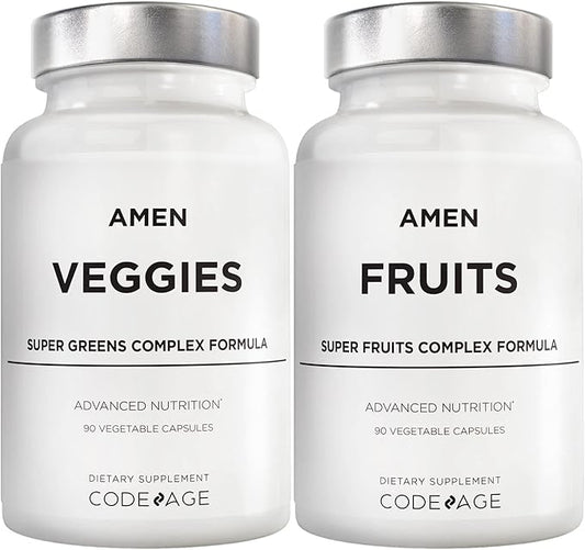 Amen Fruits + Veggies Vitamins Bundle, Raw Whole Food Multivitamin Capsules, Greens Vegetables, Red Fruits & Berries Vegan Blend, Fibers + Phytonutrients Superfood Minerals Supplement, Non-GMO, 180 ct