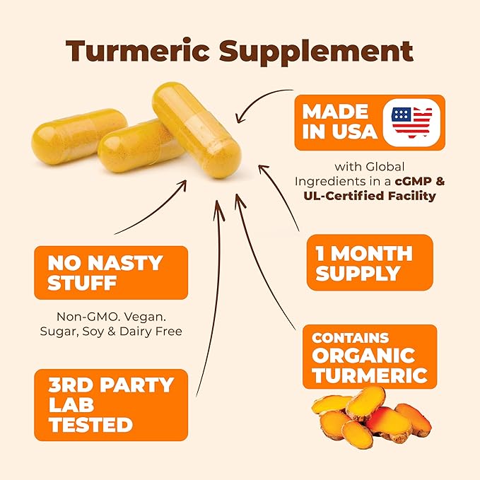 Turmeric Supplement - Turmeric Curcumin Supplement. 1200mg Turmeric Powder Organic & Bioperine Joint Support Supplement. 95% Curcuminoids. Organic Turmeric Curcumin with Black Pepper - 60 Tumeric Caps