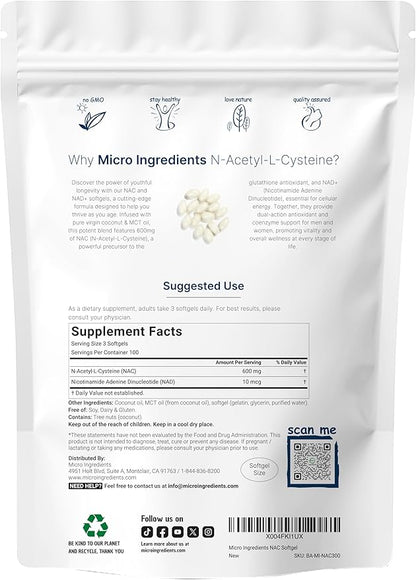 NAC 600mg with NAD+, 300 Coconut MCT Oil Softgels | N Acetyl L Cysteine & Nicotinamide Forms for Better Absorption | Antioxidant Supplement | Promotes Energy & Youthful Aging | Non-GMO