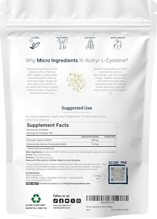 NAC 600mg with NAD+, 300 Coconut MCT Oil Softgels | N Acetyl L Cysteine & Nicotinamide Forms for Better Absorption | Antioxidant Supplement | Promotes Energy & Youthful Aging | Non-GMO
