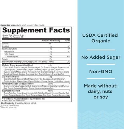 Supergreens Alkalize & Detox Powder by Ancient Nutrition, Organic Superfood Powder Made from Real Fruits, Vegetables and Herbs, for Digestive and Energy Support, 25 Servings, 7.5oz
