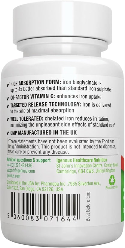 High Absorption Chelated Iron Bisglycinate 20mg with Vitamin C, 6 Month Supply, Gentle Formula, Clean Label & Targeted Release, One Daily, Vegan, 180 Tablets, by Igennus