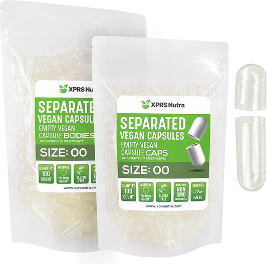 XPRS Nutra Vegan Size 00 Separated Capsules - 100 Count Premium Empty Capsules Separated in Bags - Clear Empty Capsules - Separated Empty 00 Capsules - Pill Capsules Empty for DIY Supplement Filling
