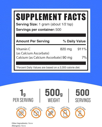 BulkSupplements.com Calcium Ascorbate Powder - Buffered Vitamin C, Calcium Supplement Powder, Vitamin C Supplement - Gluten Free, 1000mg per Serving, 500g (1.1 lbs) (Pack of 1)