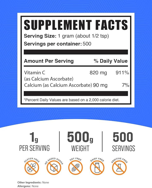 BulkSupplements.com Calcium Ascorbate Powder - Buffered Vitamin C, Calcium Supplement Powder, Vitamin C Supplement - Gluten Free, 1000mg per Serving, 500g (1.1 lbs) (Pack of 1)