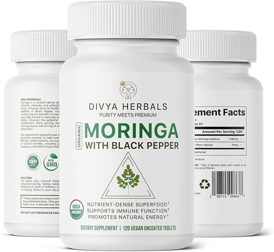 Organic Moringa Supplement (1480mg) with Black Pepper – 92 Nutrients & 46 Antioxidants – Natural Multivitamin for Energy, Immunity, Digestion & Detox – 120 Uncoated Vegan Tablets