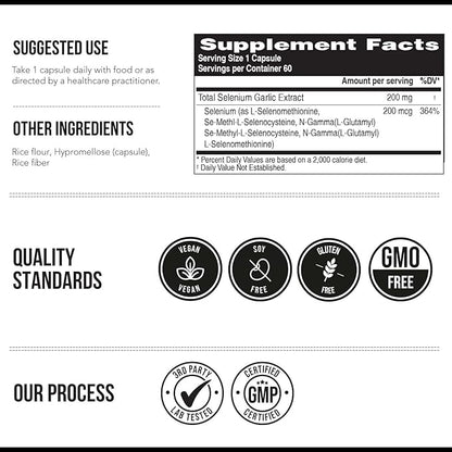 Total Selenium - 200 mcg, Plant-Based Selenium - Full Spectrum, Contains 4 Essential Organic Forms of Selenium Including Selenomethionine - Derived from Garlic - 60 Capsules
