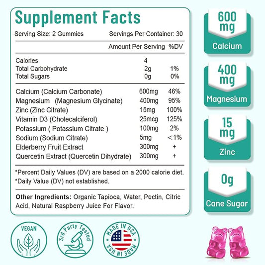 High Absorption Calcium Magnesium Zinc Gummies 400mg, Sugar 60 Count