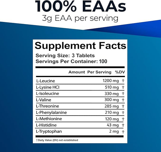 Ultimate 100% Essential Amino Acid Supplement - 300 Easy-to-Swallow, 1g Coated Tablets - All 9 EAA with 40% Leucine in Optimized BCAA Ratio - Improve Fitness & Performance - Keto, Vegan & Non-GMO