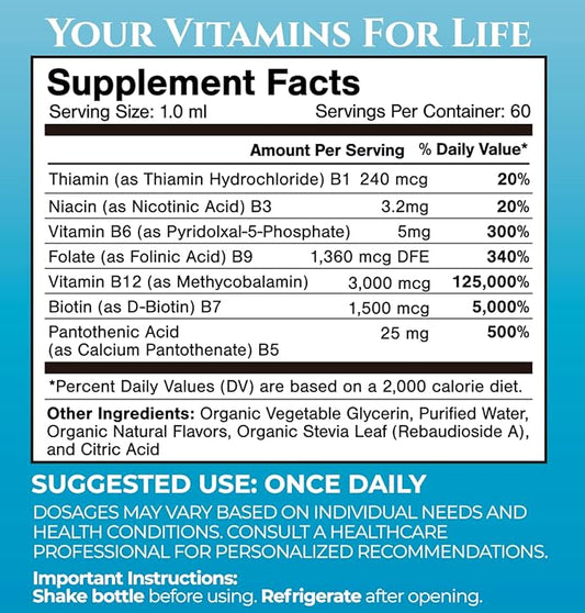 Superdose Organic Vitamin B Complex Liquid Drops | 125,000% DV Vitamin B12, B6, Biotin, Niacin, Folate | Energy, Brain Health, Immune Support | USDA Organic, Vegan, Non-GMO | 60 Serv, 2 Mo. Supply