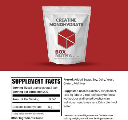 BoxNutra Creatine Monohydrate Powder - Creatine Powder for Men and Women Increases Muscle Gain - Unflavored Creatine Dissolves Well in Shakes, Smoothies, and More, 200 Servings