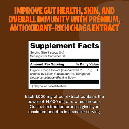 FreshCap Chaga Mushrooms Powder 14,000mg - Chaga Mushroom Powder, Chaga Mushrooms, Mushroom Supplement Powder Antioxidants Supplement Mushroom Extract, Ayurveda Nootropic Immune Support (60 Servings)