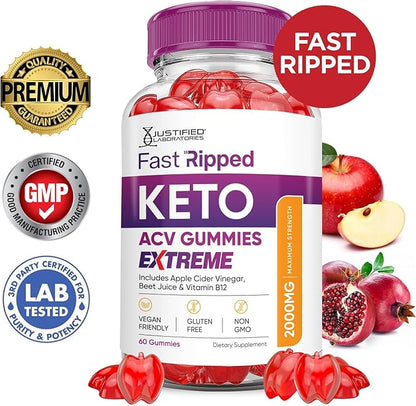 Justified Laboratories (3 Pack Fast Ripped Keto ACV Gummies Extreme 2000MG Fast Ripped Keto Gummies Apple Cider Vinegar Formulated with Pomegranate Beet Juice Powder B12 Vegan Non GMO 180 Gummys