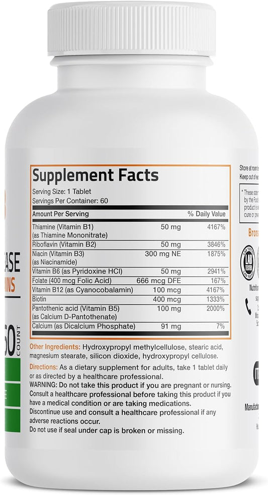 Bronson Super B Vitamin B Complex B1, B2, B2, B3, B3, B6, B6, B9 B9 - B12) Contains 60 Tablets