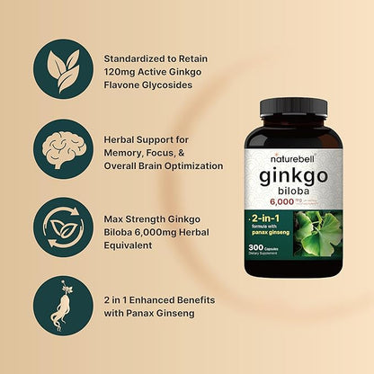 NatureBell Ginkgo Biloba 6,000mg with Panax 500mg Per 300 Capsules