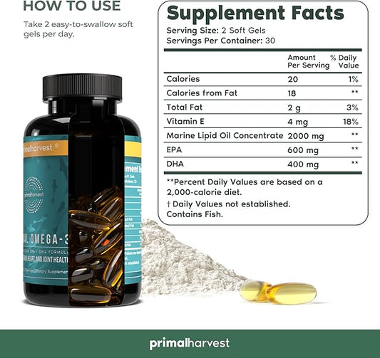 Primal Harvest Omega 3 Fish Oil 30 Servings 1000mg EPA 3 Fatty 2 Pack