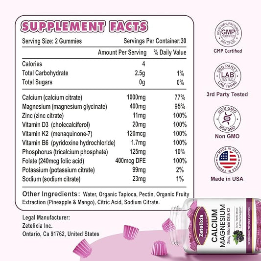 Calcium Gummies for Women Men, Calcium Magnesium Zinc with Vitamin D3 & K2, Calcium Magnesium Supplement for Bones Muscles and Joints, Elderberry Flavor - 120 Count