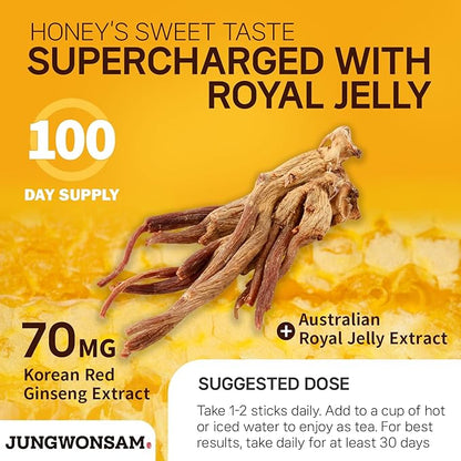 6-Year Korean Red Ginseng Extract & Royal Honey | 100 Sticks | Sweet Flavor | 70mg Ginseng, 15% Australian Honey | Energy, Focus, Fatigue, Immune Support | Daily Supplement for Men & Women