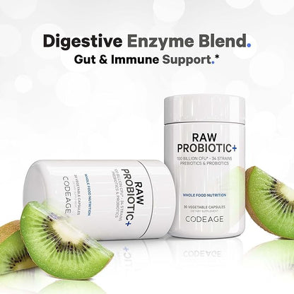 Codeage Raw Probiotic+ Supplement - 34 Probiotic Strains, 100 Billion CFUs, Raw Whole Food Probiotics, Digestive Enzymes, Raw Fruits & Veggies Prebiotics - Wild Kefir Culture - Non-GMO - 30 Capsules
