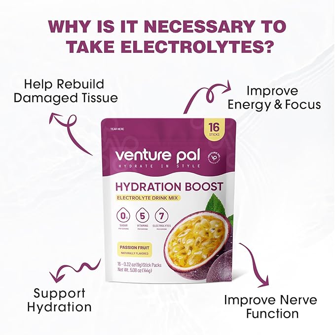 Venture Pal Sugar Free Electrolyte Powder Packets - Liquid Daily IV Drink Mix for Rapid Hydration & Party Recovery | 5 Vitamins & 7 Electrolytes| Keto Friendly | Non-GMO | Certified Vegan | 16 Sticks