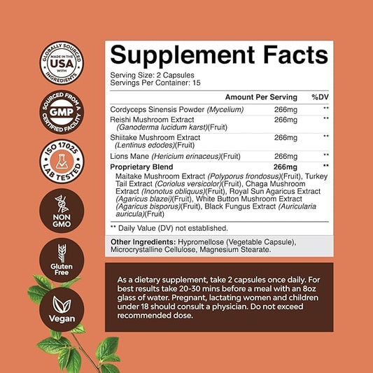 Extra Strength Mushroom Complex Capsules 10X Lions 1330mg Adaptogenic