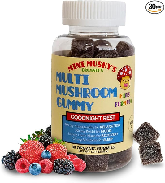 Mini Mushy's Organic Goodnight Rest Gummies | Ashwagandha, Reishi, Lions Mane, Mushrooms, Melatonin | Kids Age 2+ Natural Color, Allergy Friendly, Low Sugar | Berry Flavor - 30 Count