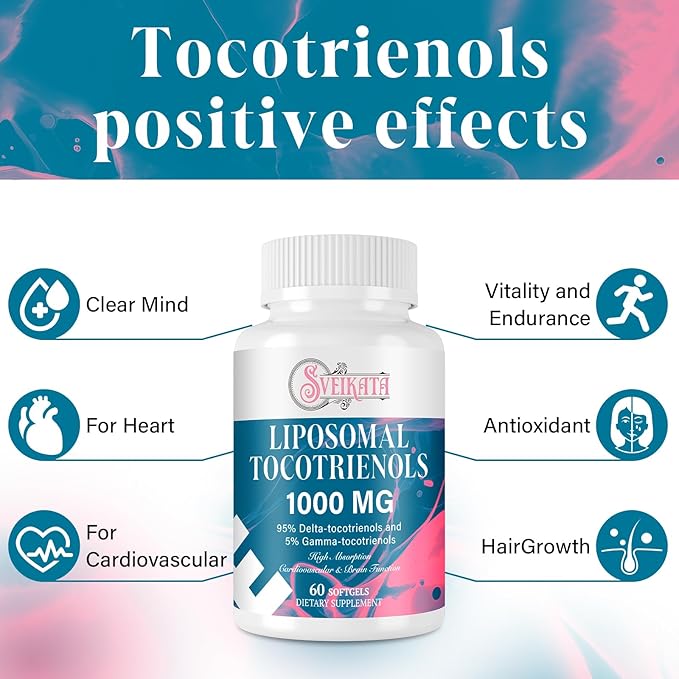 Liposomal Tocotrienols Supplement 1000mg, Vitamin E, 95% Delta-tocotrienols, 5% Gamma-tocotrienols 60 Softgels （2 Bottle）